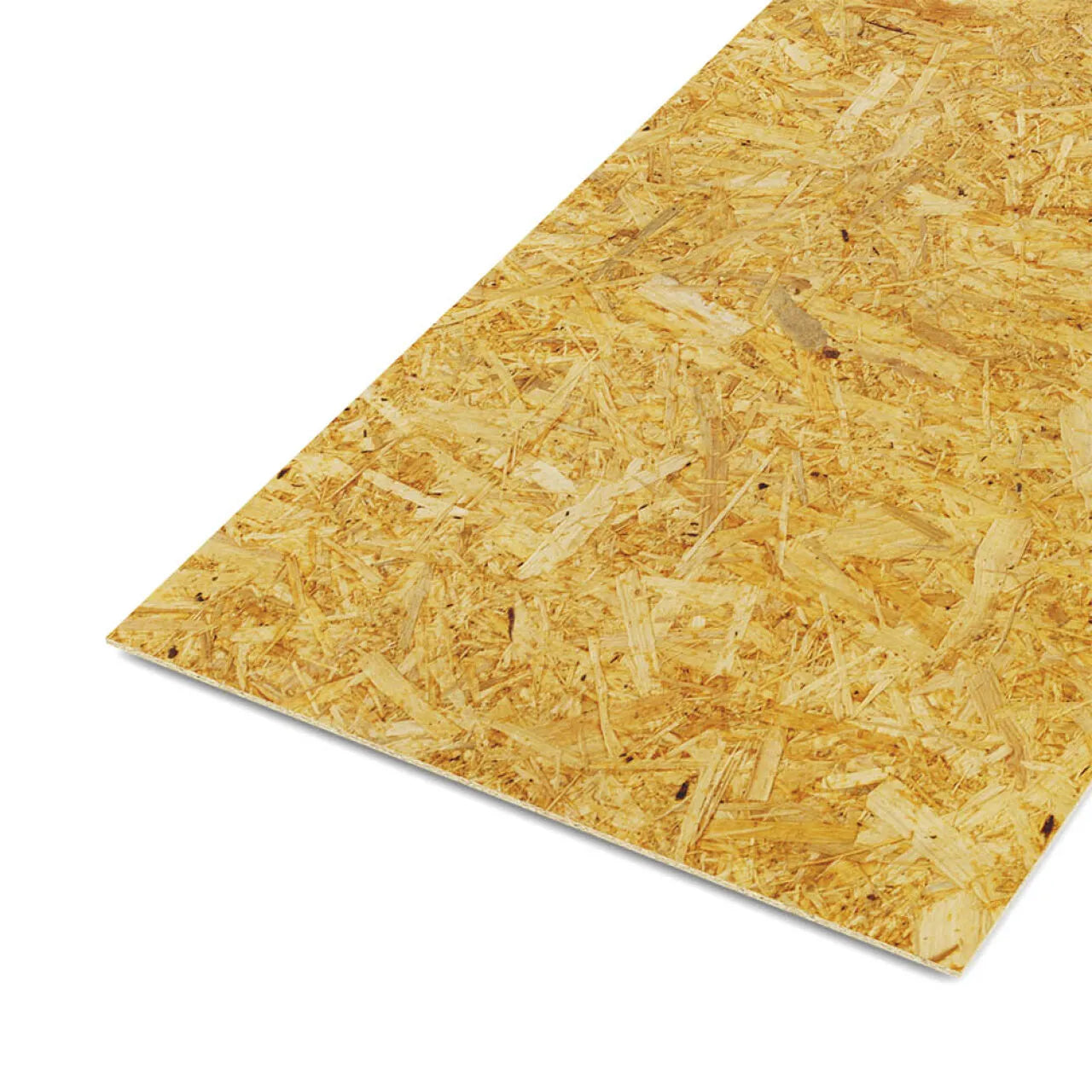The Go Build 5/8 in. (19/32 in.) x 4 ft. x 8 ft. OSB Panel features a wood chip texture and is shown on a white background, emphasizing its dimensional stability and robust look.